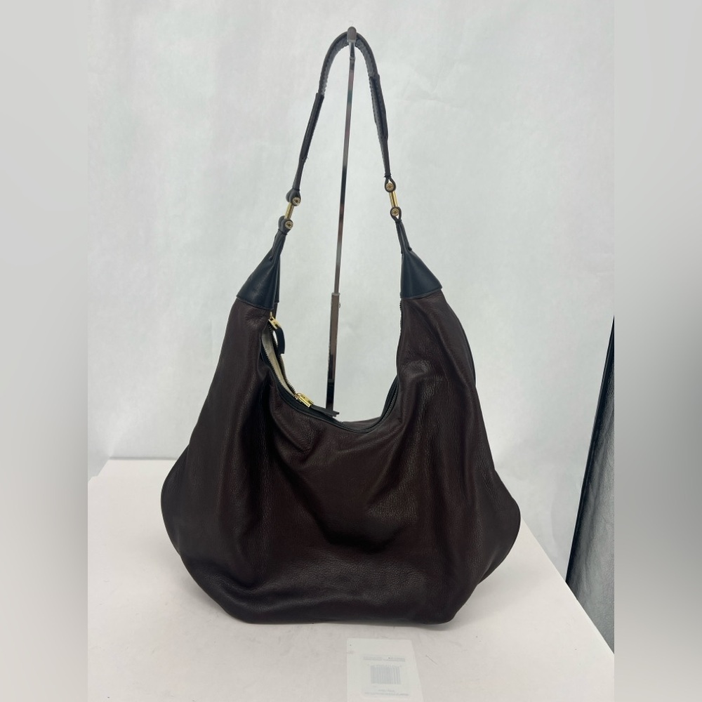India Hicks Dark Brown Leather Hobo Bag with Black Trim